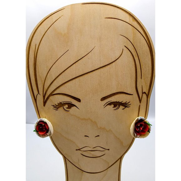 Vintage Genuine Seashell Earrings, Mid Century Romantic Rose and AB Crystal - Picture 3 of 5